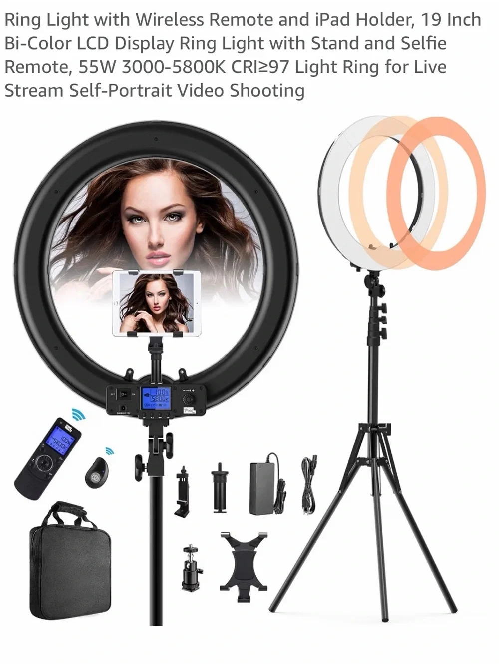 Bi-Color Black Ring Light with iPad Holder and Remote